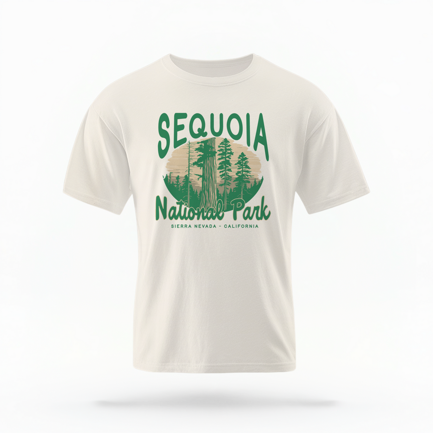 The Ivory Adult Unisex Sequoia National Park Comfort Colors T-shirt lays flat on a white background. The ﻿Sequoia National Park﻿ graphic is in bold green in a Rustic Park style.