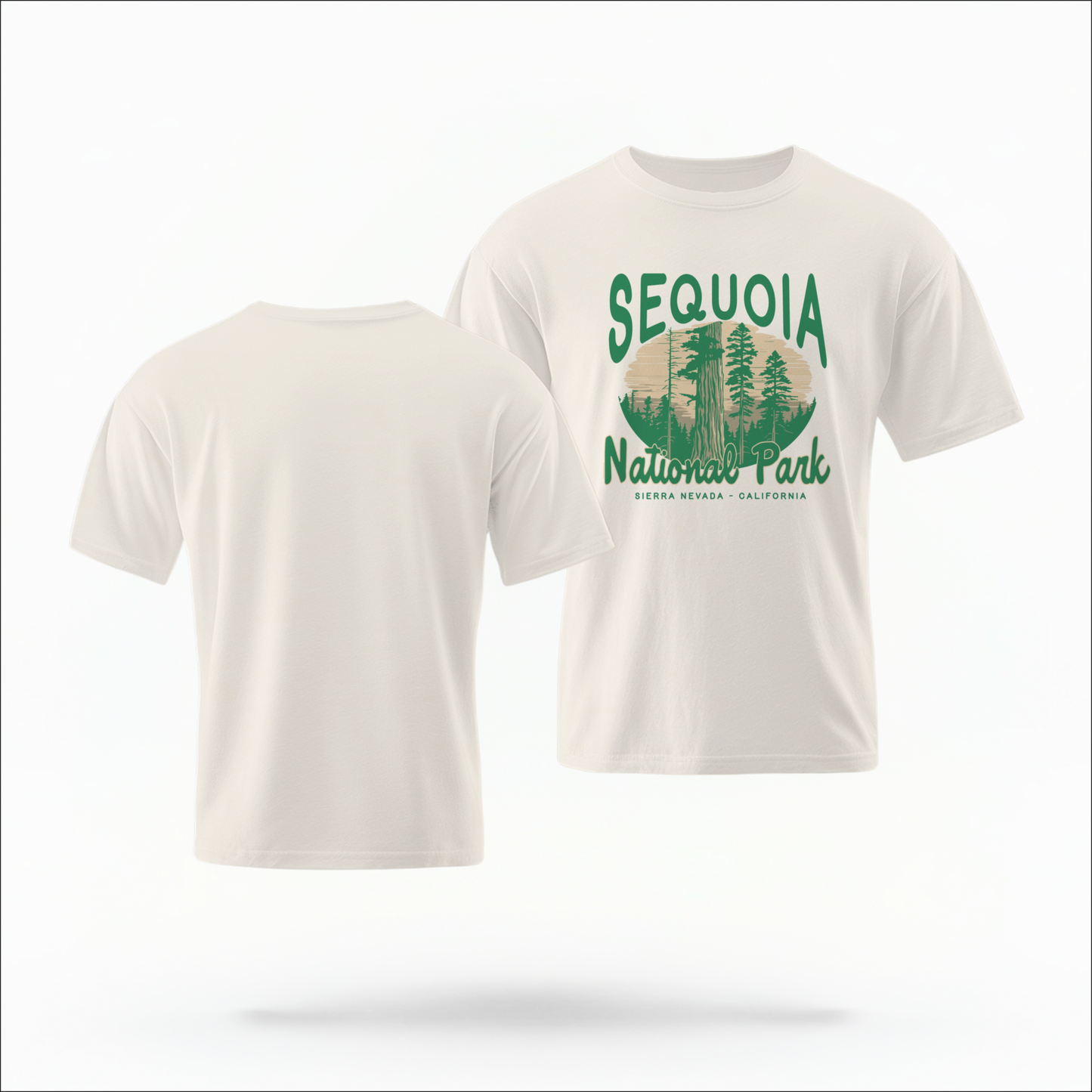 The Ivory Adult Unisex Sequoia National Park Comfort Colors T-shirt lays flat on a white background. The ﻿Sequoia National Park﻿ graphic is in bold green in a Rustic Park style.