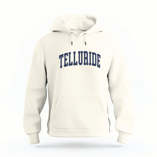 The Ivory Telluride Colorado Varsity Organic Cotton Hoodie lays flat on a white background.