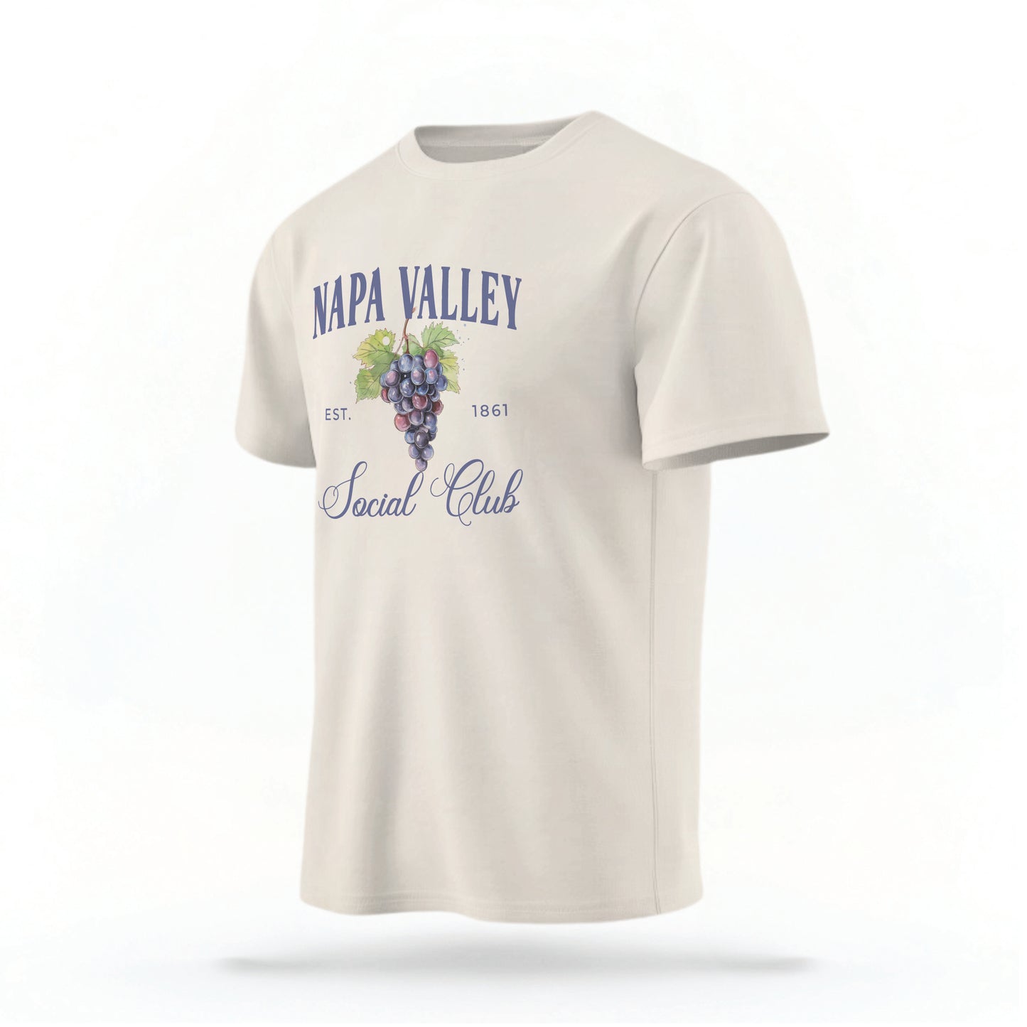 The Ivory Adult Unisex Napa Valley Wineries Social Club T-shirt stands against a white background.  The Napa Valley grapes  graphic is in bold purple and green in a  preppy old money style. 