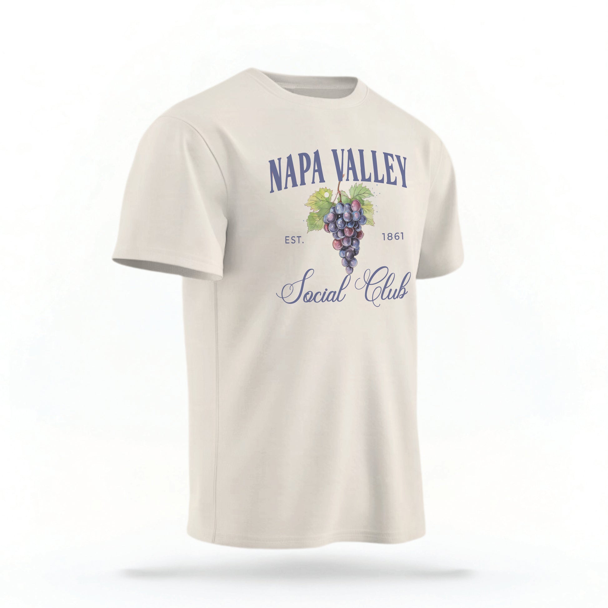 The Ivory Adult Unisex Napa Valley Wineries Social Club T-shirt stands against a white background.  The Napa Valley grapes  graphic is in bold purple and green in a  preppy old money style. 