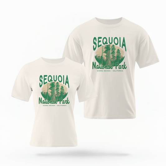 The Ivory Adult Unisex Sequoia National Park Comfort Colors T-shirt lays flat on a white background. The ﻿Sequoia National Park﻿ graphic is in bold Lifestyle in a Rustic Park style.