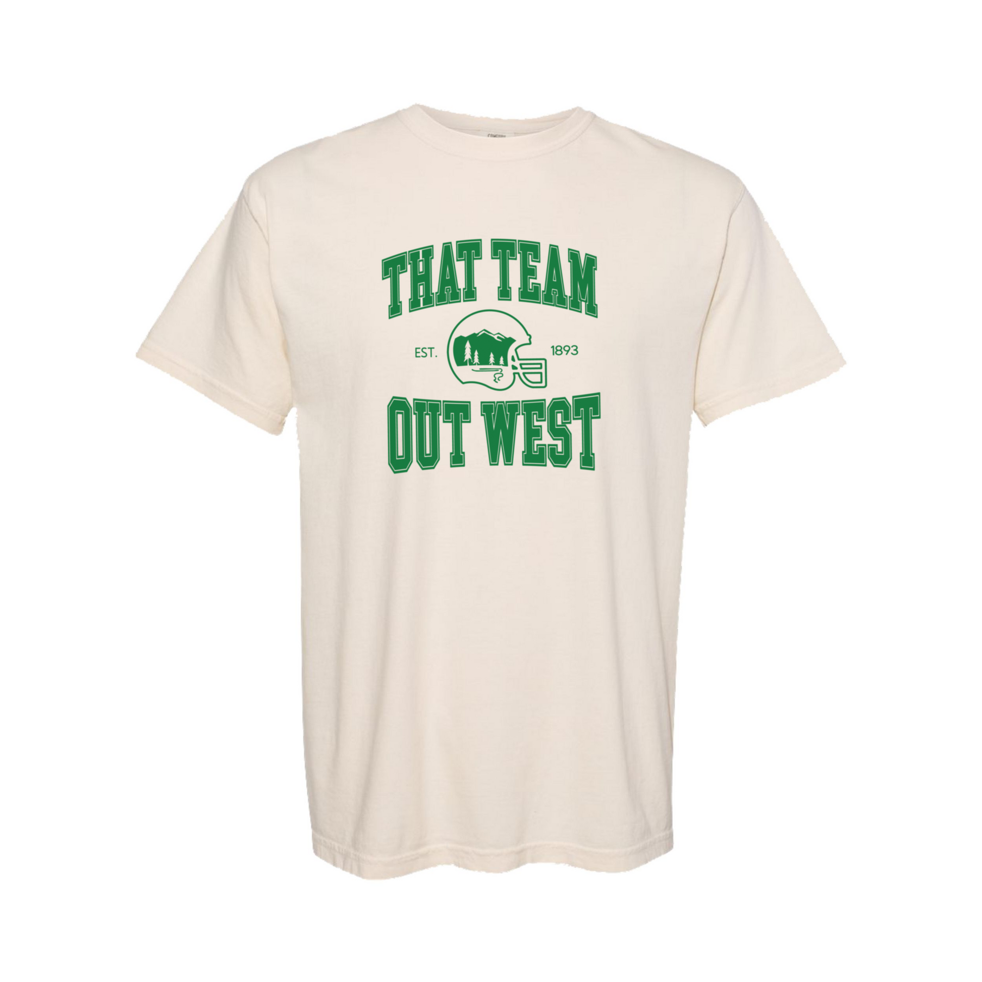 The Ivory 'That team out west' Tshirt lays flat on a white background. The graphic is in bold green in a collegiate style.