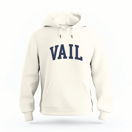 The Ivory Vail Colorado Varsity Organic Cotton Hoodie lays flat on a white background.