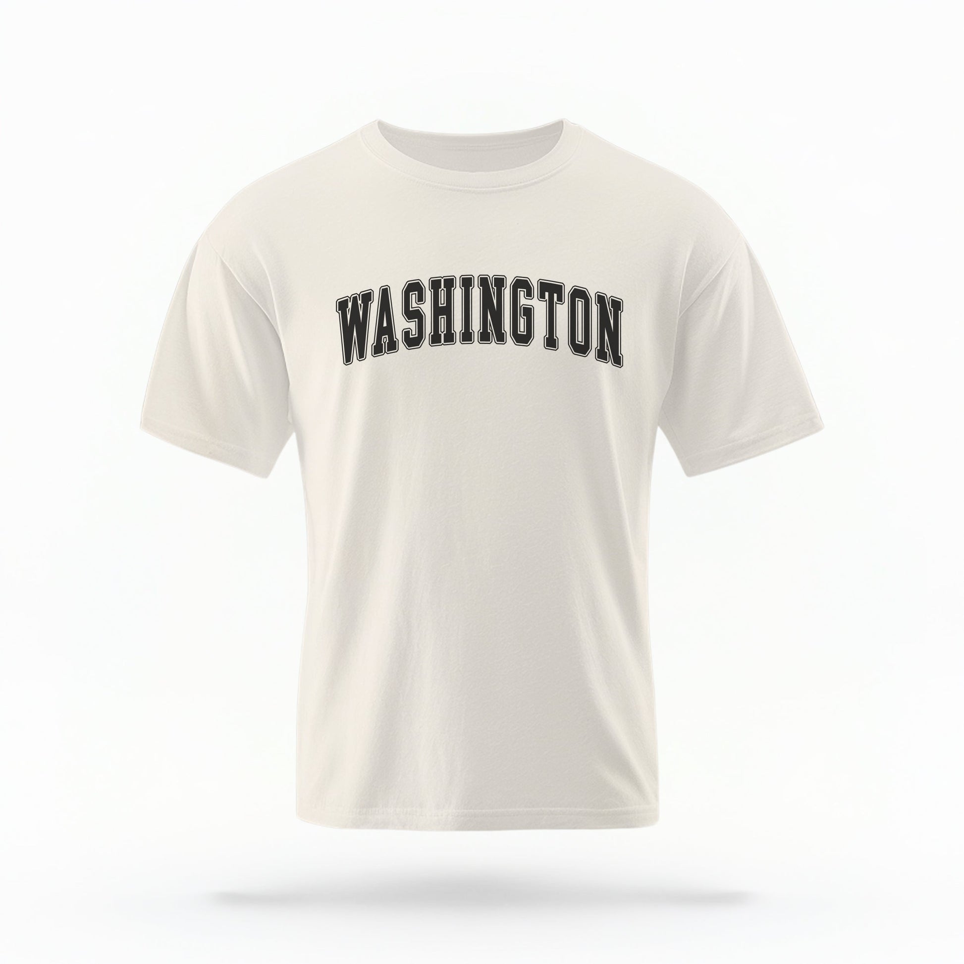 The ivory Unisex Washington Varsity Comfort Colors T-shirt lays flat on a white background. The Washington graphic is in bold black in a varsity offset style.