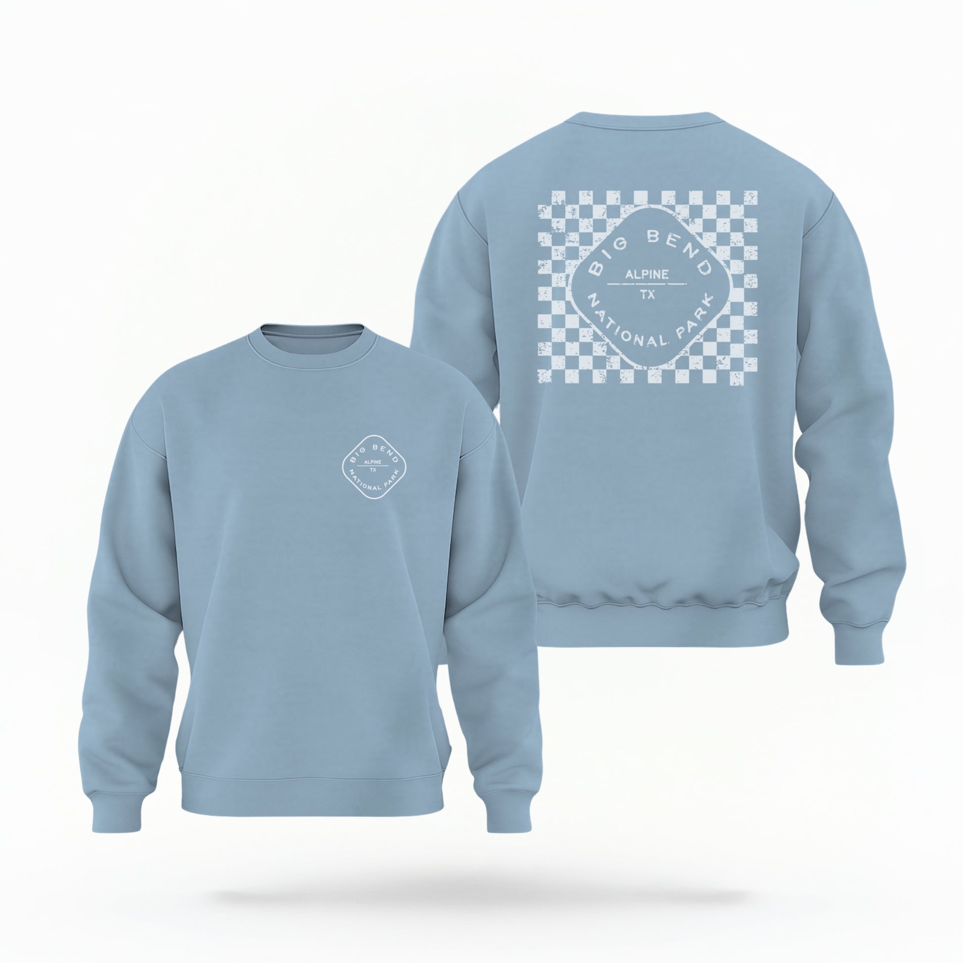 The Light Blue Big Bend Retro Typography Crewneck Sweatshirt lays flat on a white background. The ﻿Big Bend Retro Typography﻿ graphic is in bold White in a Retro style.