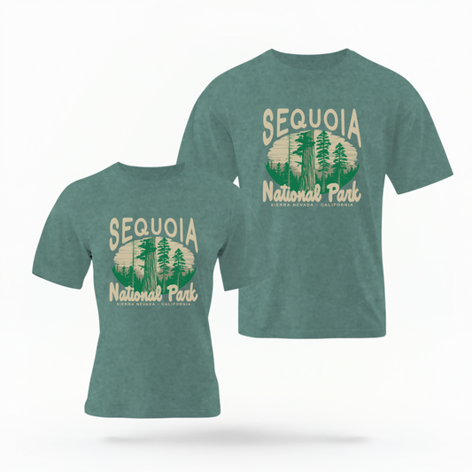 The Blue Spruce Adult Unisex Sequoia National Park Comfort Colors T-shirt lays flat on a white background. The ﻿Sequoia National Park﻿ graphic is in bold Lifestyle in a Rustic Park style.