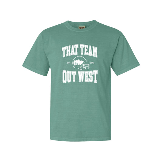 The Light Green 'That team out west' Tshirt lays flat on a white background. The graphic is in bold white in a collegiate style.