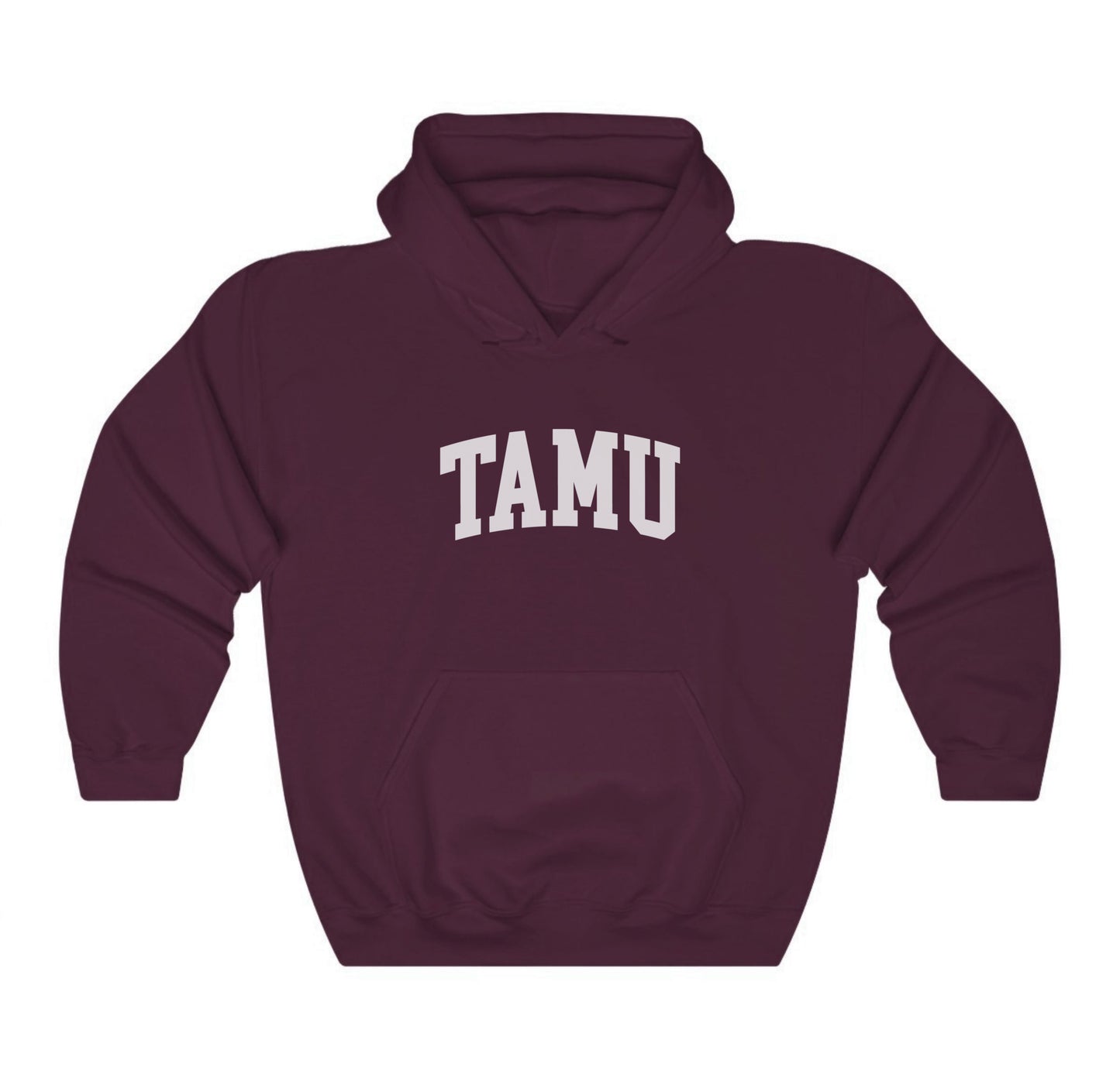 The Maroon Adult Unisex Texas A&M TAMU Hooded Sweatshirt lays flat on a white background. The ﻿Texas A&M TAMU﻿ graphic is in bold White in a Collegiate style.