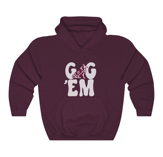 The Maroon Adult Unisex Texas A&M Gig 'Em Retro Reveille Hooded Sweatshirt lays flat on a white background. The ﻿Texas A&M Gig 'Em Retro Reveille﻿ graphic is in bold White in a Groovy Vintage style.