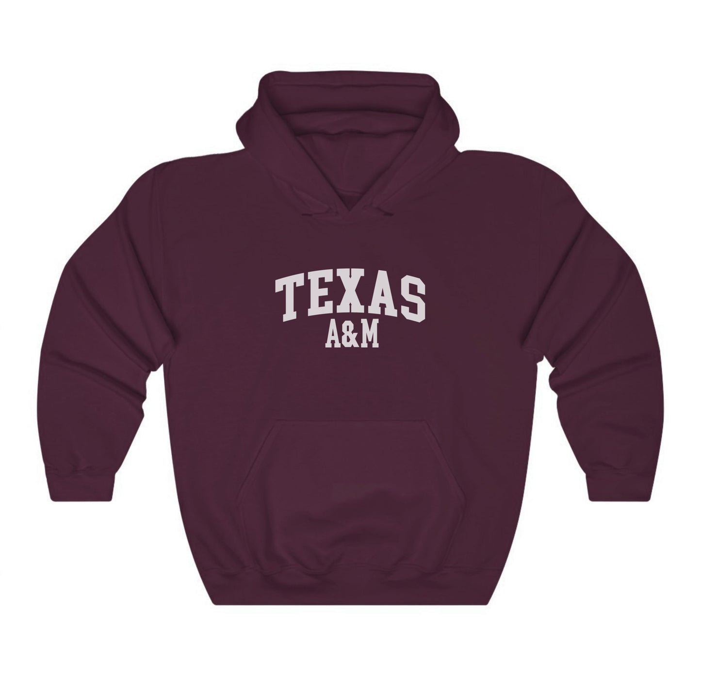 The Maroon Adult Unisex Texas A&M Varsity Hooded Sweatshirt lays flat on a white background. The ﻿Texas A&M Varsity﻿ graphic is in bold White in a Collegiate style.