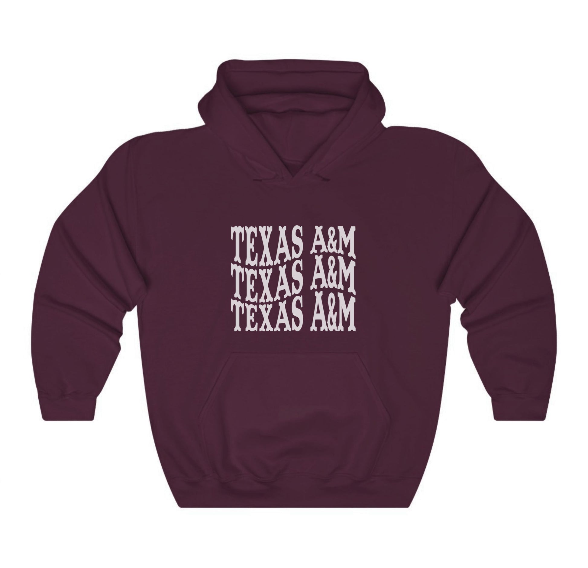 The Maroon Adult Unisex Texas A&M Western Hooded Sweatshirt lays flat on a white background. The ﻿Texas A&M Western﻿ graphic is in bold White in a Western style.