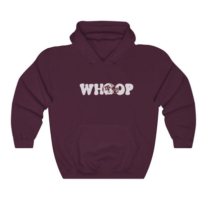 The Maroon Adult Unisex Texas A&M Retro Whoop Hooded Sweatshirt lays flat on a white background. The ﻿Texas A&M Retro Whoop﻿ graphic is in bold White in a Vintage style.