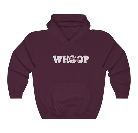 The Maroon Adult Unisex Texas A&M Retro Whoop Hooded Sweatshirt lays flat on a white background. The ﻿Texas A&M Retro Whoop﻿ graphic is in bold White in a Vintage style.