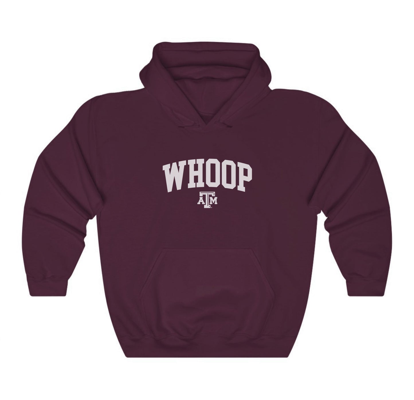 The Maroon Adult Unisex Texas A&M Whoop Collegiate Hooded Sweatshirt lays flat on a white background. The ﻿Texas A&M Whoop Collegiate﻿ graphic is in bold White in a Varsity style.