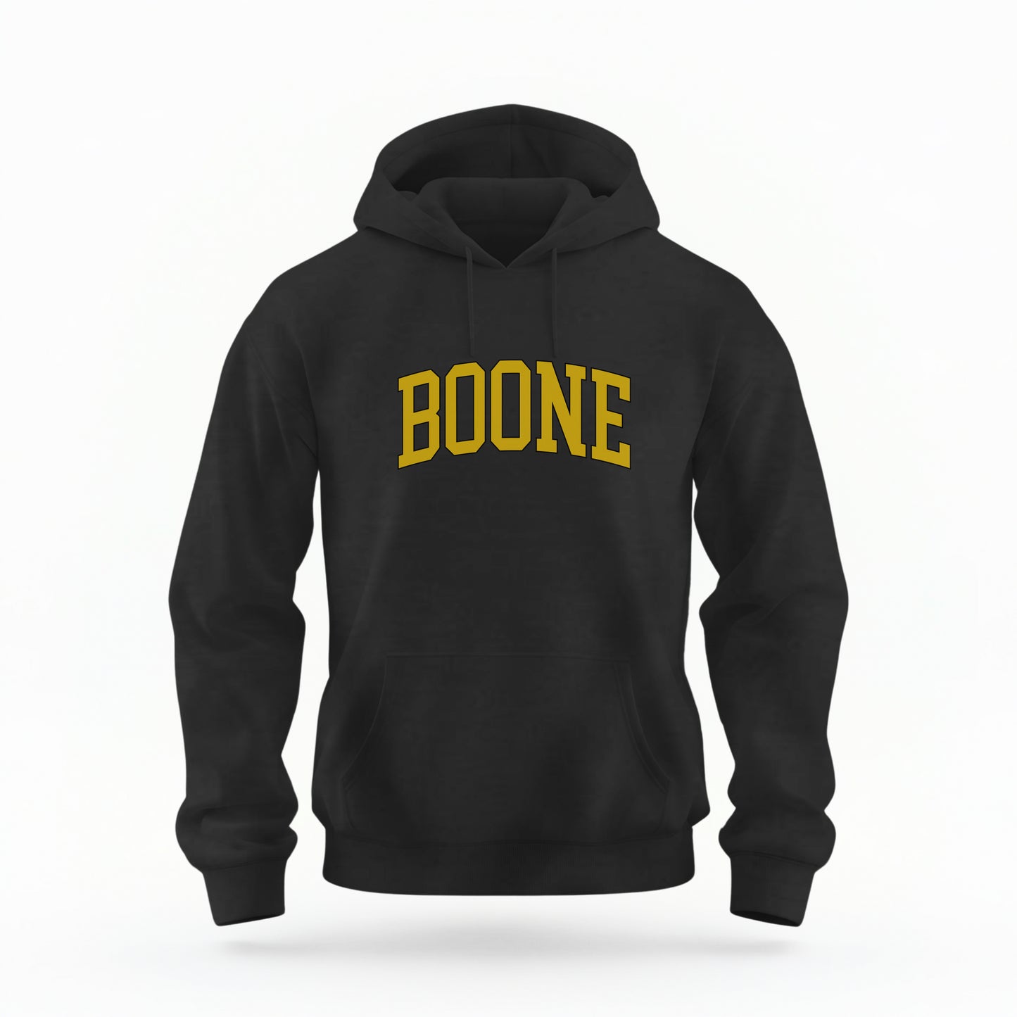 The Mens Black Boone NC Varsity Hoodie Sweatshirt lays flat on a white background. The ﻿Boone NC Varsity﻿ graphic is in bold Black in a Varsity style.