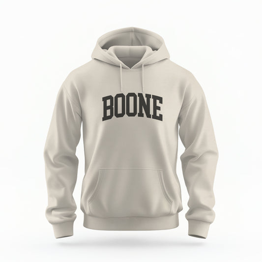 The Mens Sand Boone NC Varsity Hoodie Sweatshirt lays flat on a white background. The ﻿Boone NC Varsity﻿ graphic is in bold Black in a Varsity style.