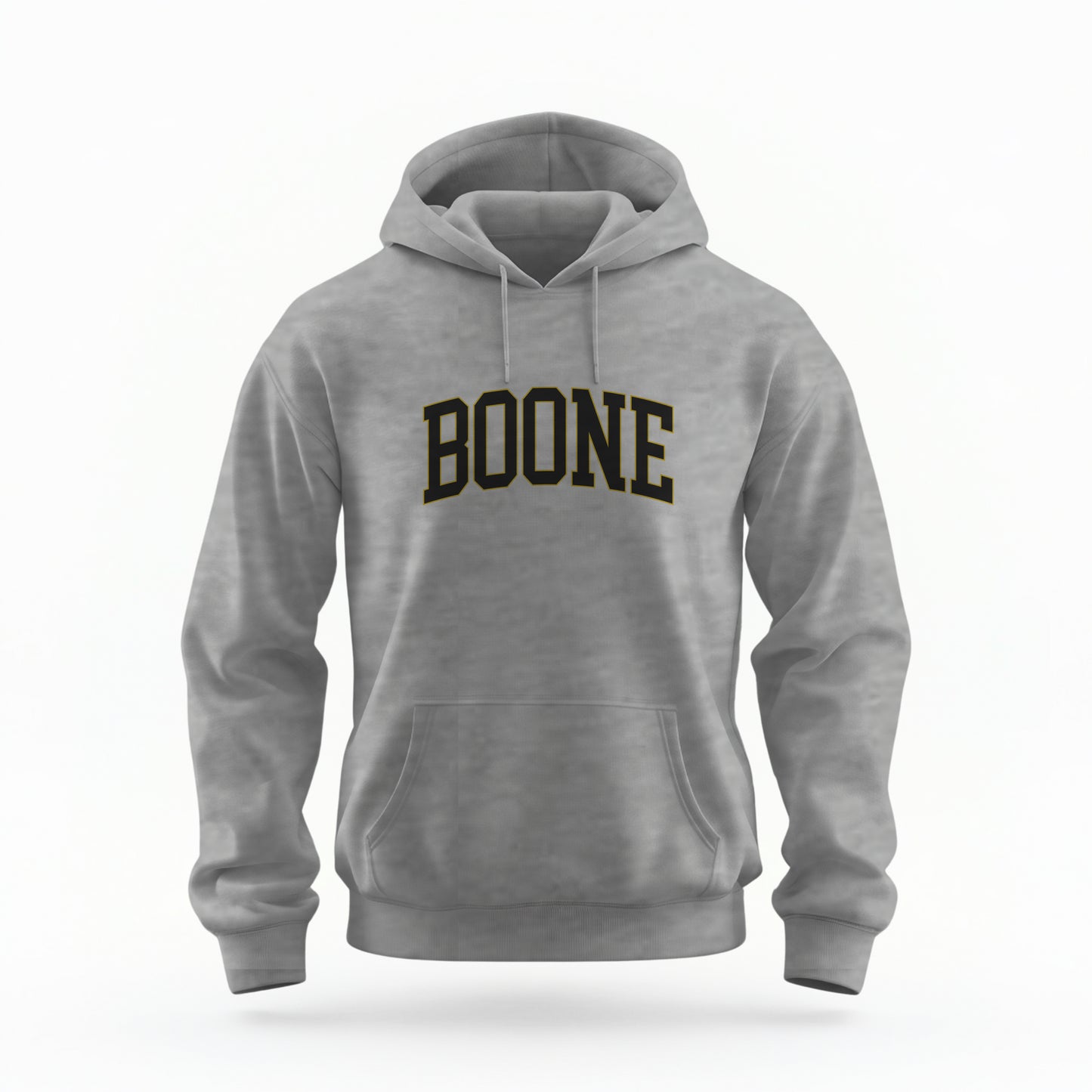 The Mens Sport Grey Boone NC Varsity Hoodie Sweatshirt lays flat on a white background. The ﻿Boone NC Varsity﻿ graphic is in bold Black and Gold in a Varsity style.