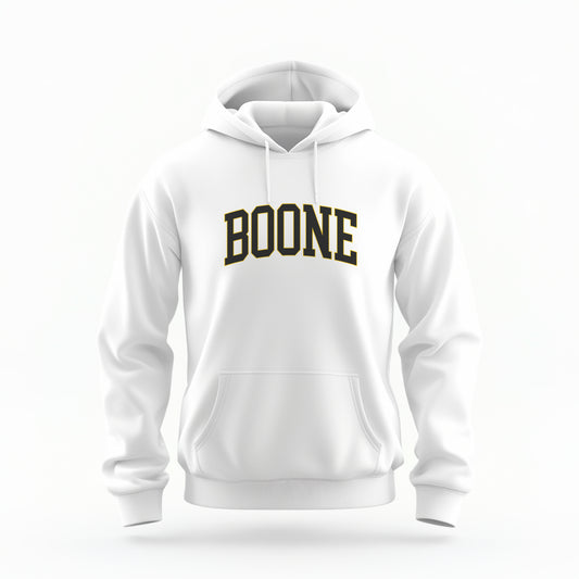 The Mens White Boone NC Varsity Hoodie Sweatshirt lays flat on a white background. The ﻿Boone NC Varsity﻿ graphic is in bold Black and Gold in a Varsity style.