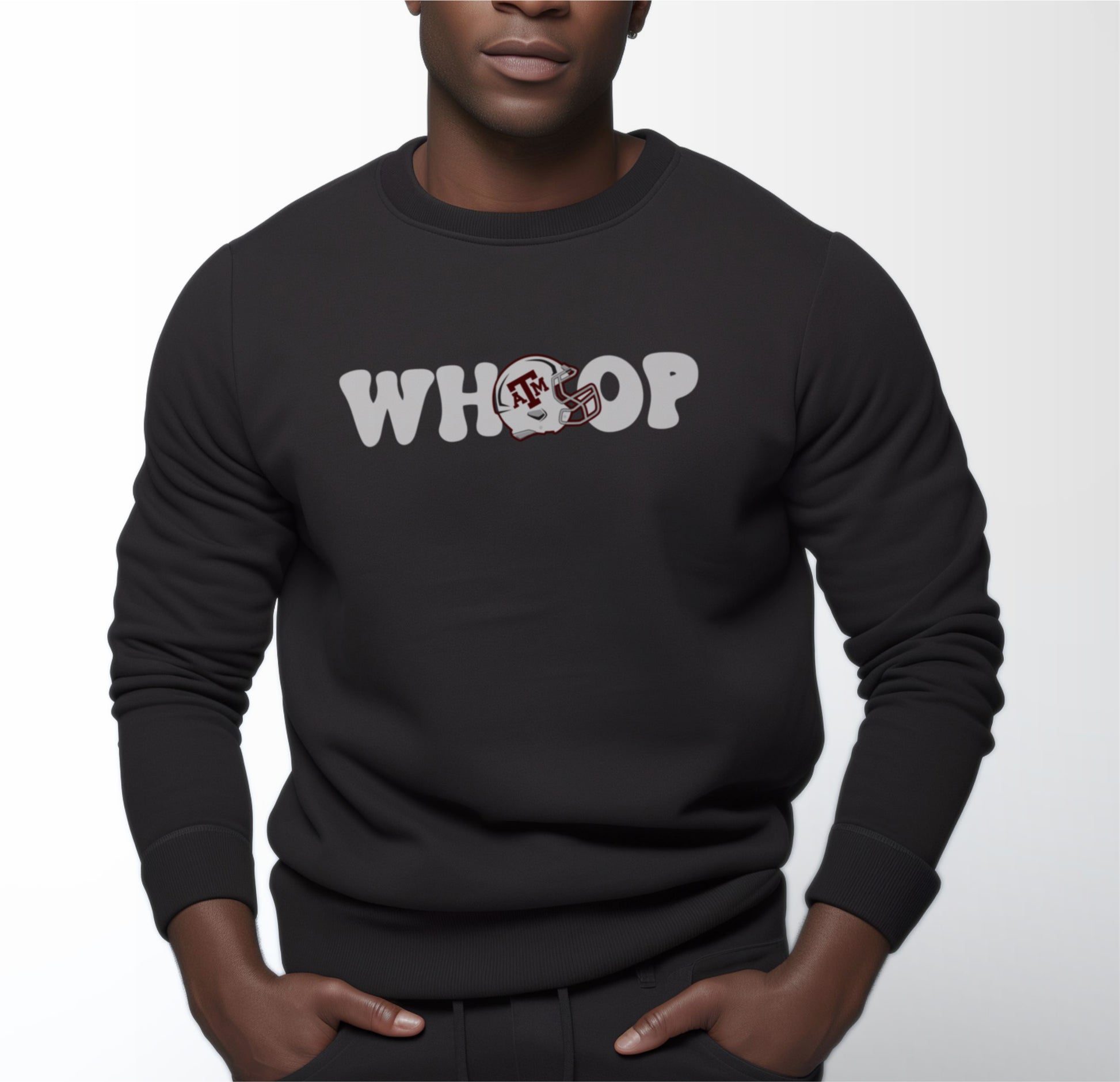 A model wears the Black Adult Unisex Texas A&M Retro Whoop Crewneck Sweatshirt.  The ﻿Texas A&M Retro Whoop﻿ graphic is in bold White in a Vintage style.