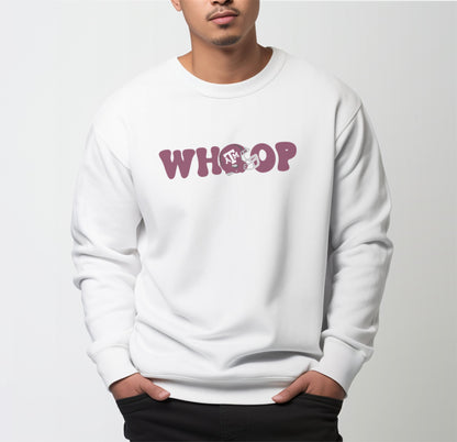 A model wears the White Adult Unisex Texas A&M Retro Whoop Crewneck Sweatshirt.  The ﻿Texas A&M Retro Whoop﻿ graphic is in bold Maroon in a Vintage style.