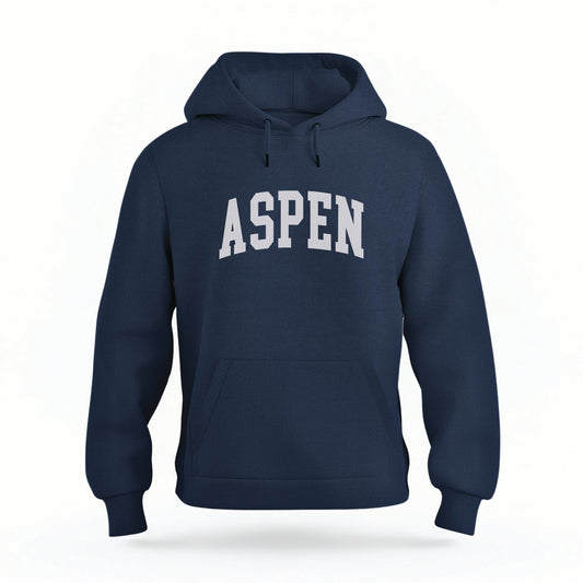 The Navy Aspen Colorado Varsity Organic Cotton Hoodie lays flat on a white background.