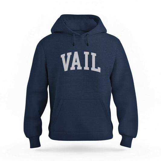 The Navy Vail Colorado Varsity Organic Cotton Hoodie lays flat on a white background.