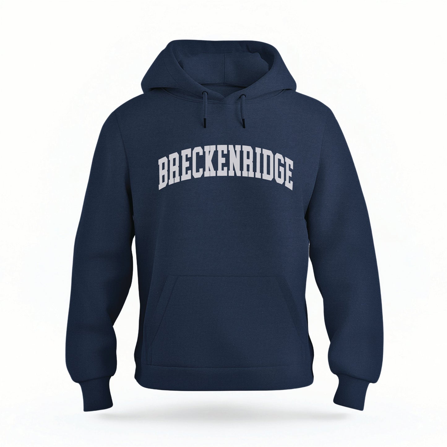 The Navy Breckenridge Colorado Varsity Organic Cotton Hoodie lays flat on a white background.