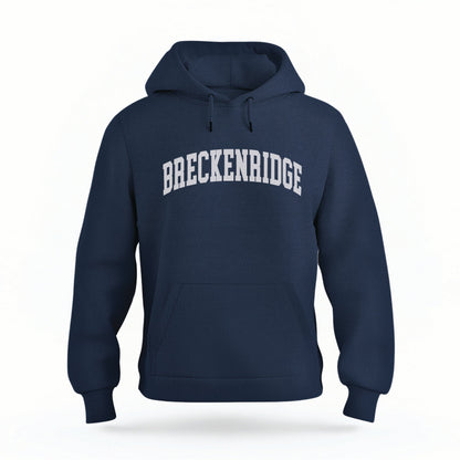 The Navy Breckenridge Colorado Varsity Organic Cotton Hoodie lays flat on a white background.