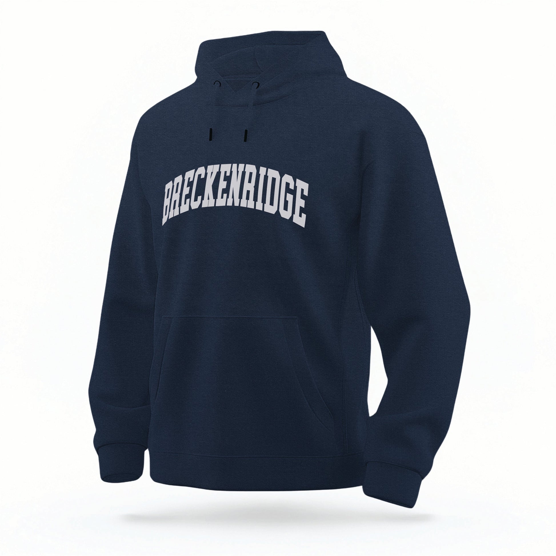 The Navy Breckenridge Colorado Varsity Organic Cotton Hoodie lays flat on a white background.