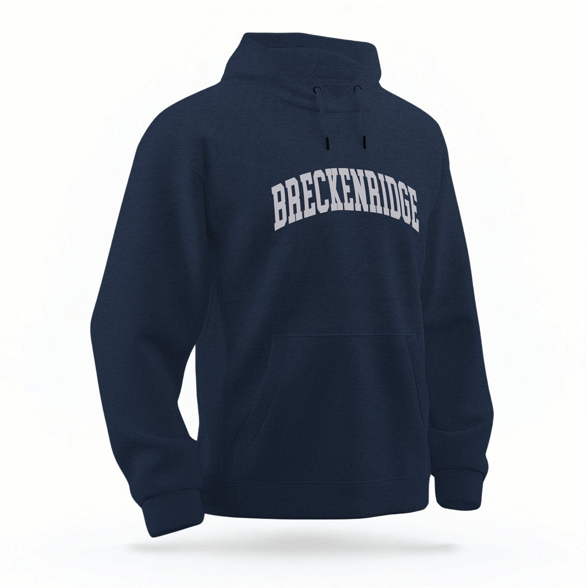 The Navy Breckenridge Colorado Varsity Organic Cotton Hoodie lays flat on a white background.