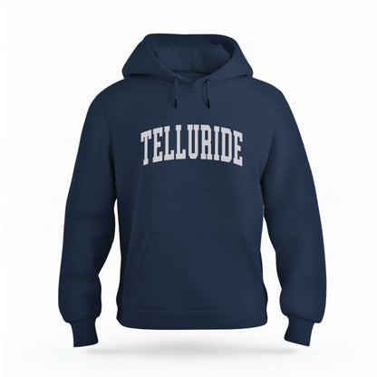 The Navy Telluride Colorado Varsity Organic Cotton Hoodie lays flat on a white background.