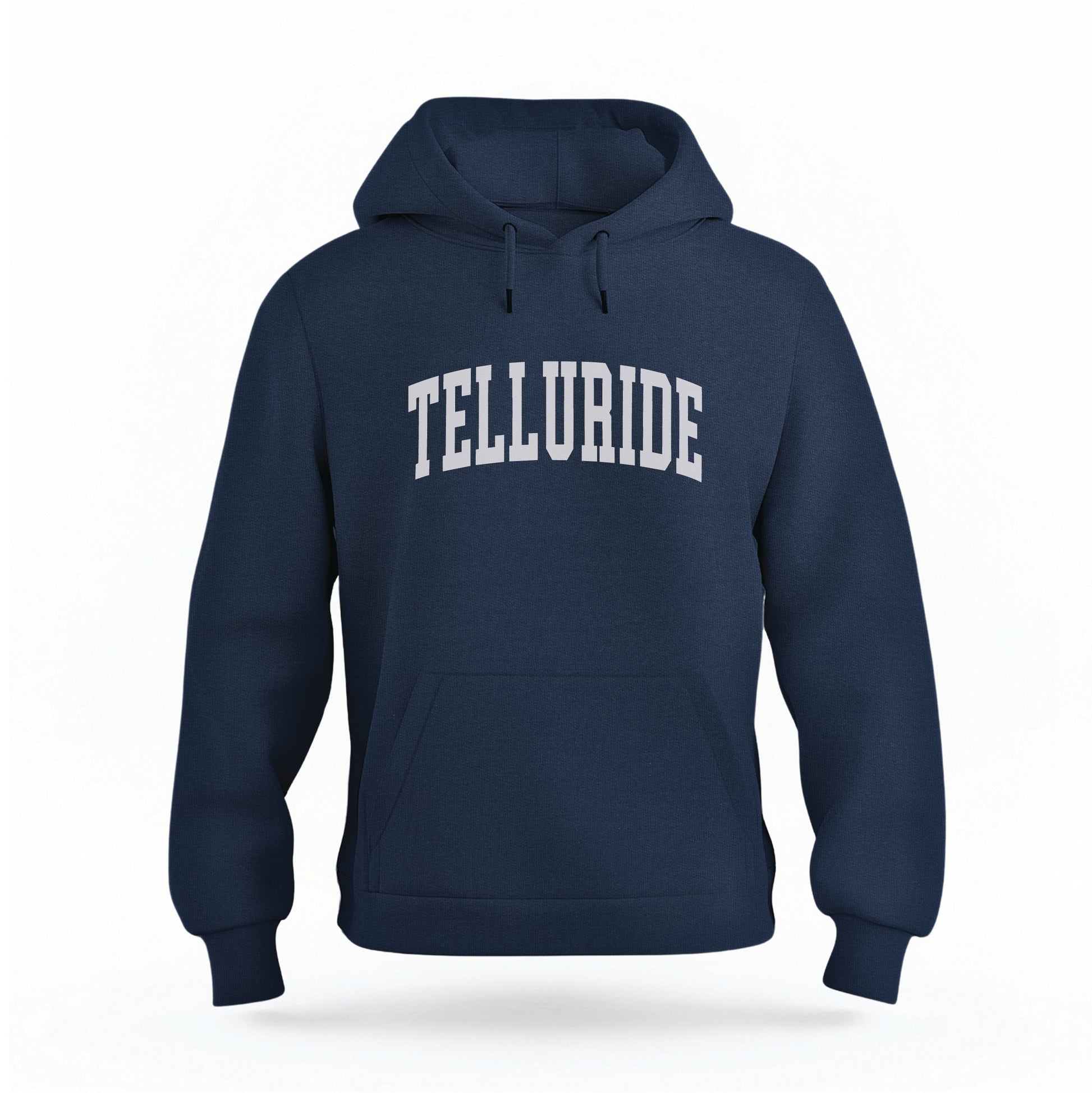 The Navy Telluride Colorado Varsity Organic Cotton Hoodie lays flat on a white background.