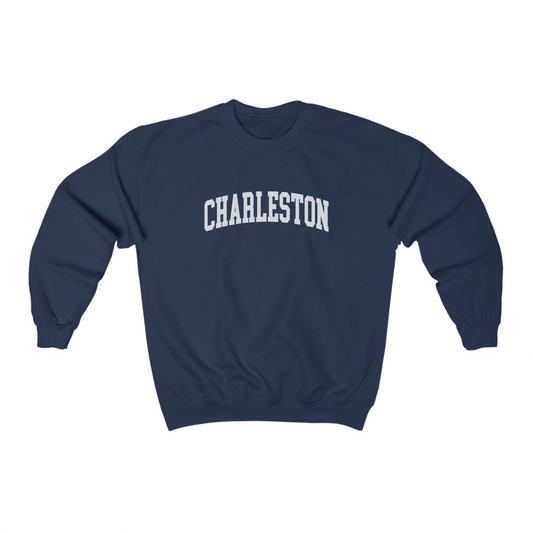 The Navy Adult Unisex Charleston SC Collegiate Crewneck Sweatshirt lays flat on a white background. The ﻿Charleston SC Collegiate﻿ graphic is in bold White in a Varsity style.