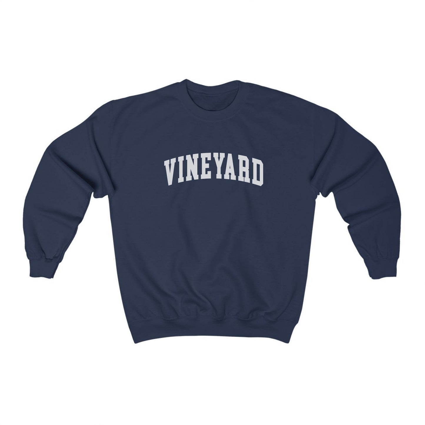 The Navy Adult Unisex Martha's Vineyard Massachusetts Classic Crewneck Sweatshirt lays flat on a white background. The ﻿Martha's Vineyard Massachusetts Classic﻿ graphic is in bold White in a Varsity style.