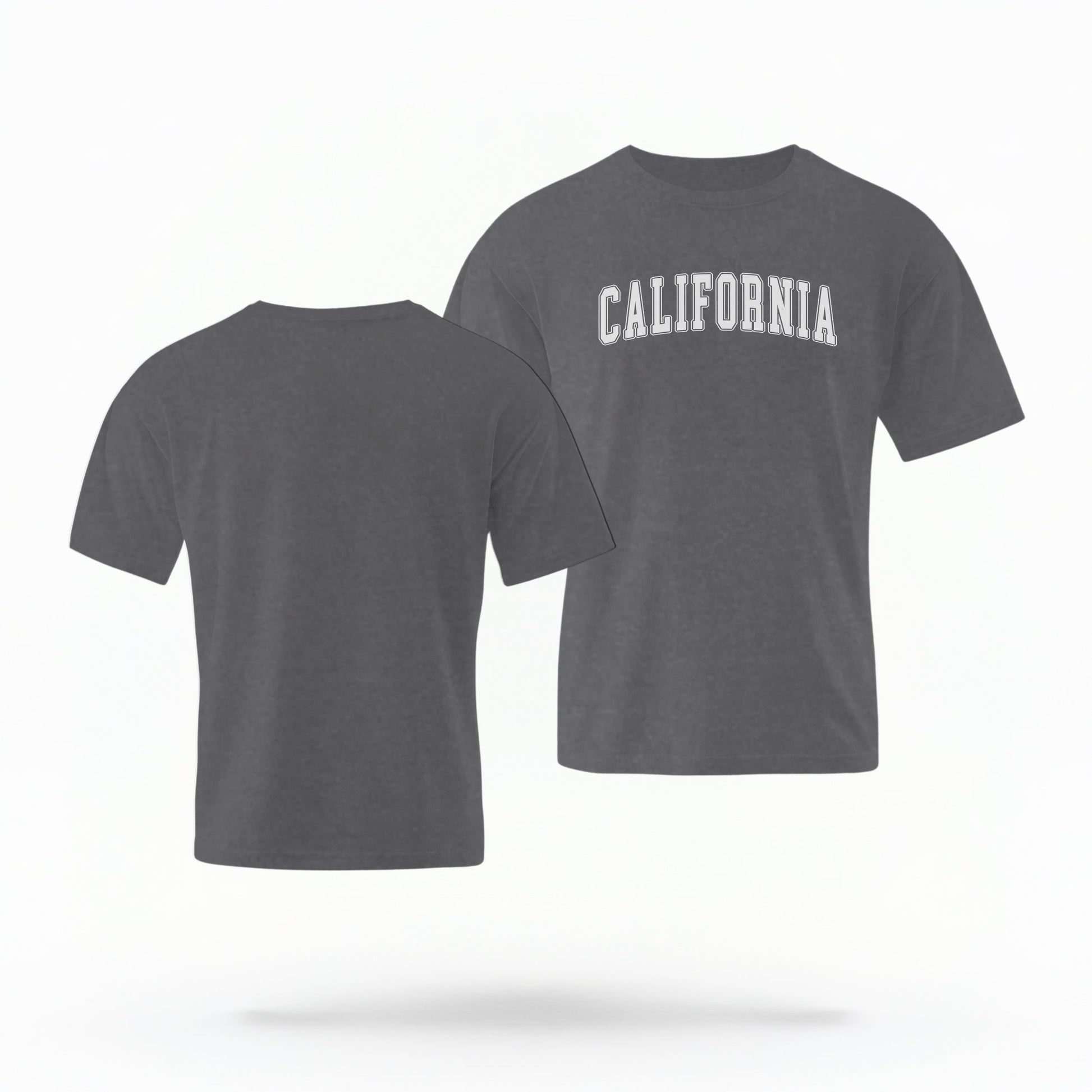 The Pepper California Varsity Comfort Colors T-shirt lays flat on a white background. The ﻿California Varsity﻿ graphic is in bold White in a Varsity style.