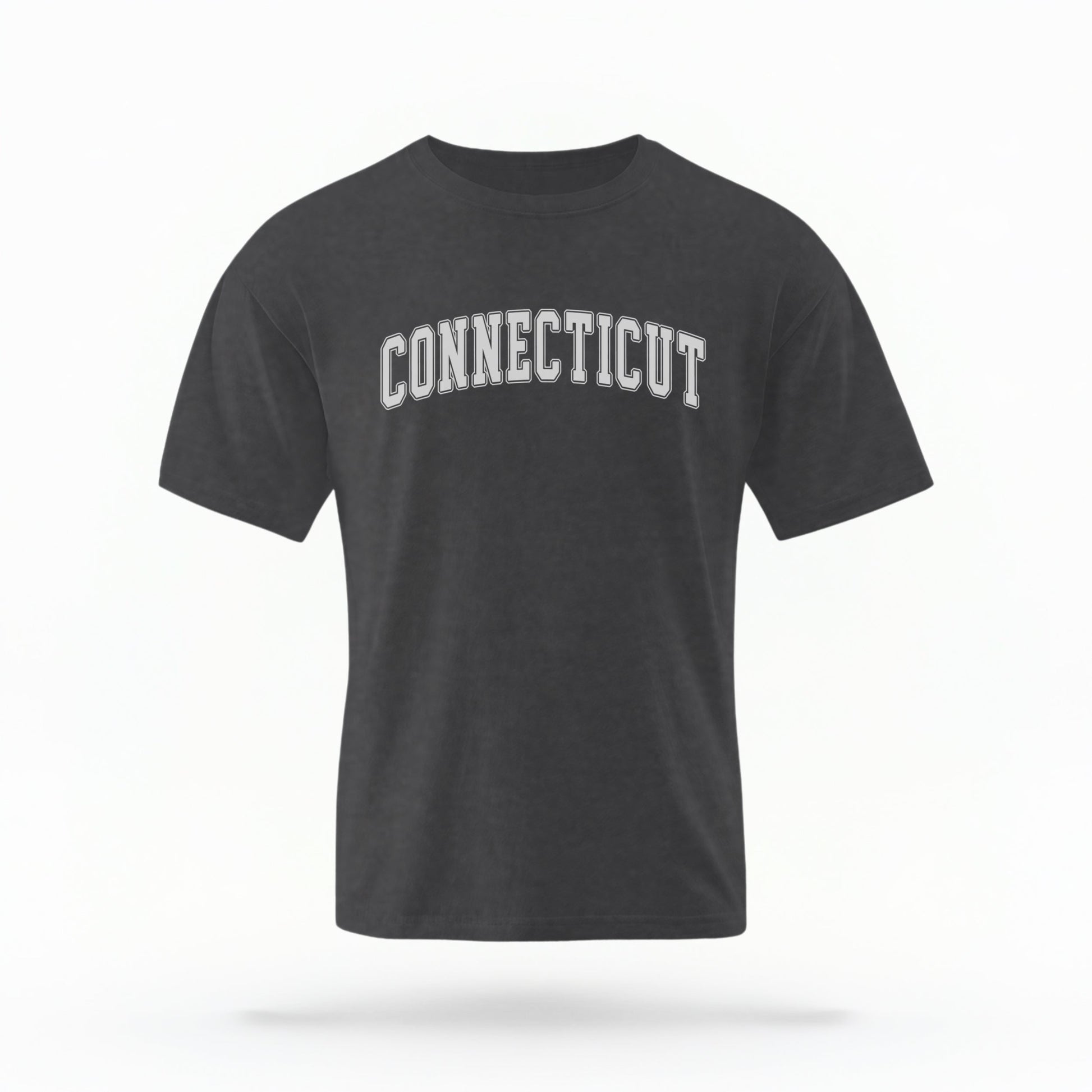 The Pepper Unisex Connecticut Varsity Comfort Colors T-shirt lays flat on a white background. The Connecticut graphic is in bold white in a varsity offset style.