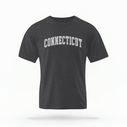 The Pepper Unisex Connecticut Varsity Comfort Colors T-shirt lays flat on a white background. The Connecticut graphic is in bold white in a varsity offset style.