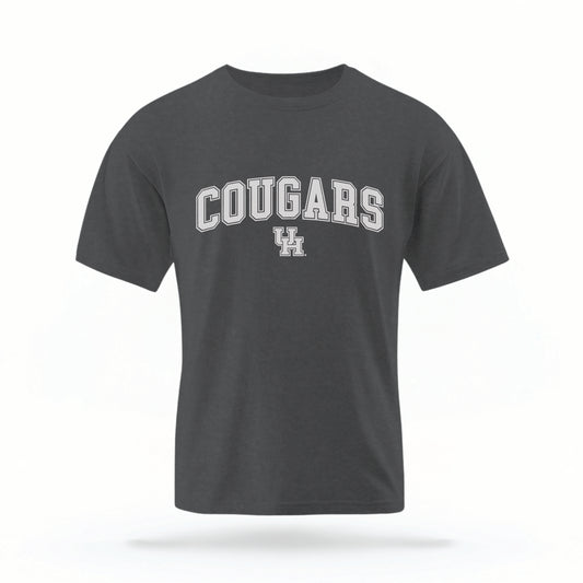 The pepper Cougars UH Varsity t-shirt lays flat on a white background. The ﻿Cougars UH Varsity graphic is in bold white in a scripted font style.