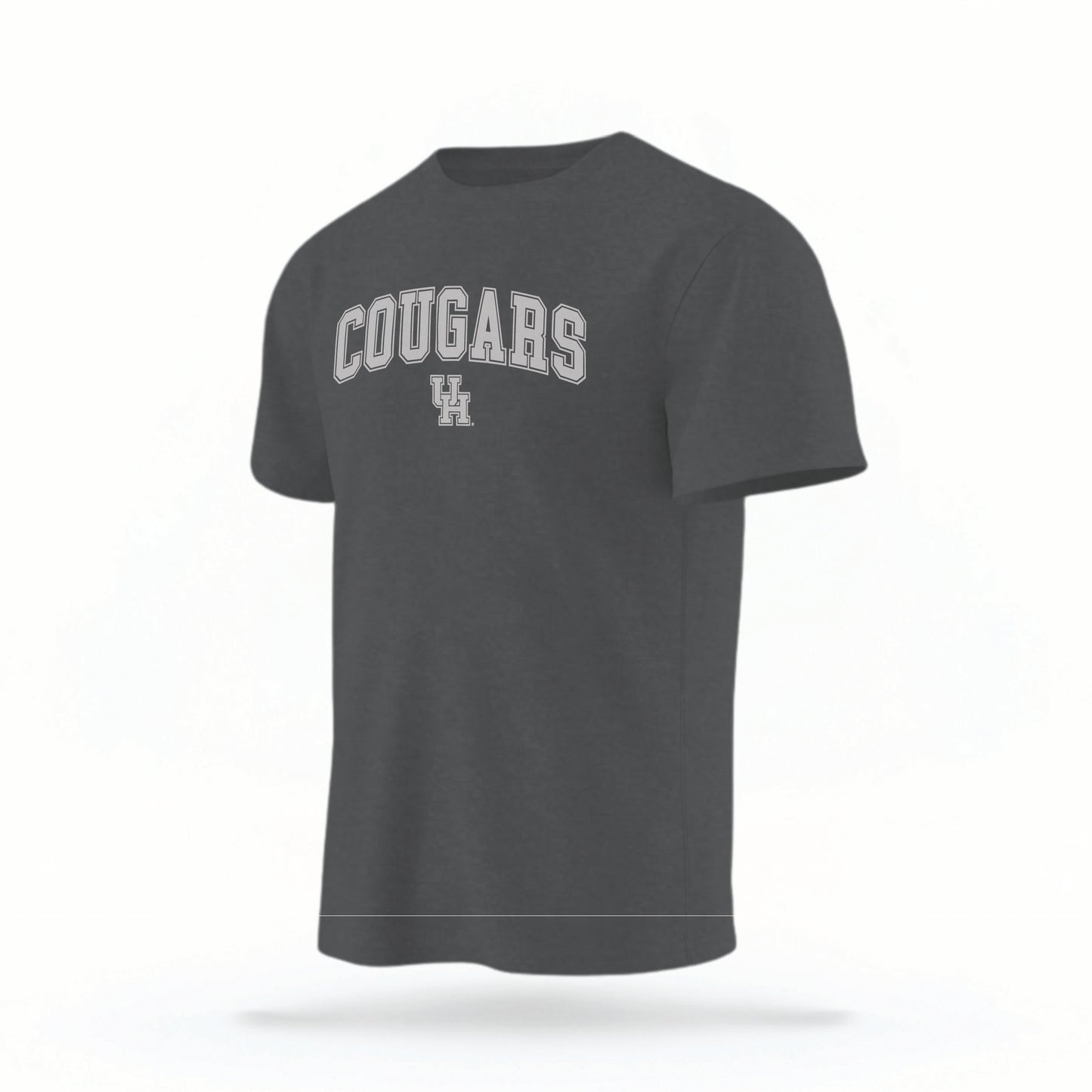 The pepper Cougars UH Varsity t-shirt lays flat on a white background. The ﻿Cougars UH Varsity graphic is in bold white in a scripted font style.