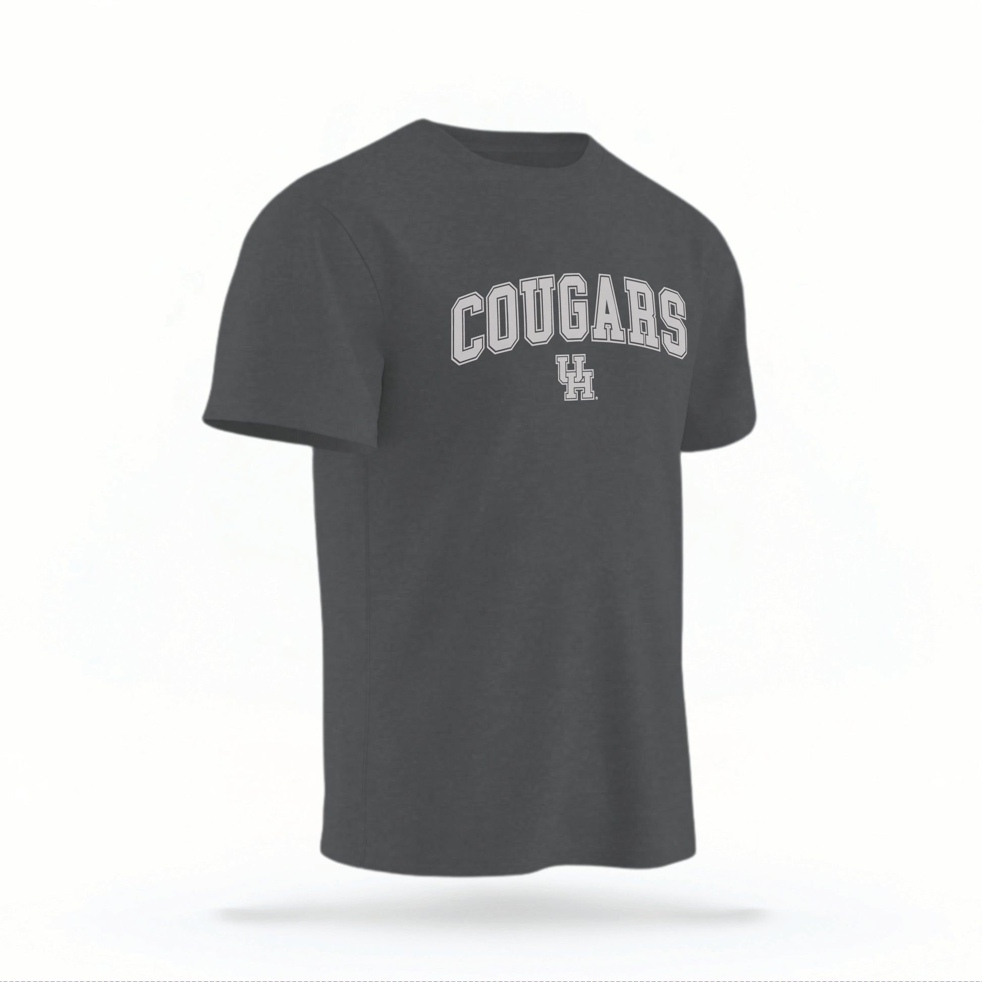 The pepper Cougars UH Varsity t-shirt lays flat on a white background. The ﻿Cougars UH Varsity graphic is in bold white in a scripted font style.