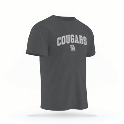 The pepper Cougars UH Varsity t-shirt lays flat on a white background. The ﻿Cougars UH Varsity graphic is in bold white in a scripted font style.