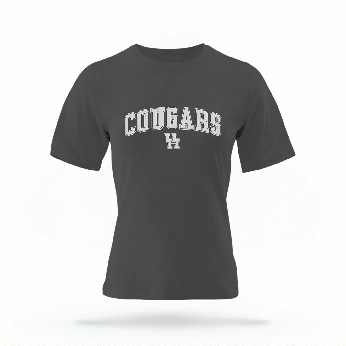 The pepper Cougars UH Varsity t-shirt lays flat on a white background. The ﻿Cougars UH Varsity graphic is in bold white in a scripted font style.