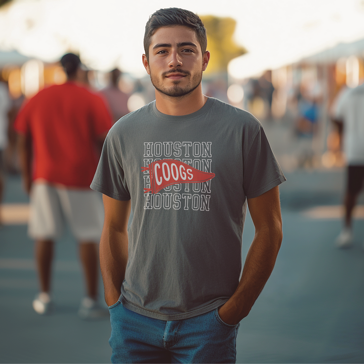 A model wears the Houston Cougars t-shirt. 