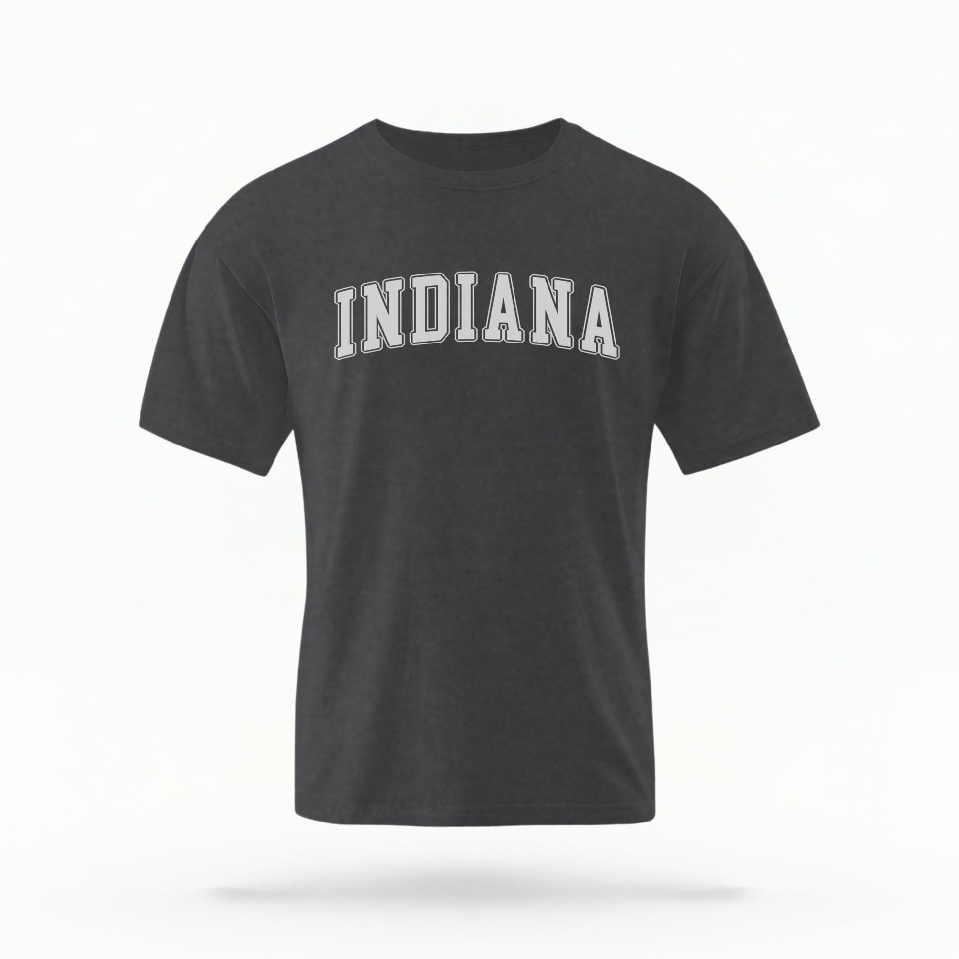 The Pepper Unisex Indiana Varsity Comfort Colors T-shirt lays flat on a white background. The Indiana graphic is in bold white in a varsity offset style.