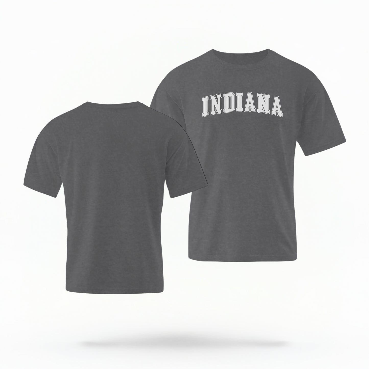 The Pepper Unisex Indiana Varsity Comfort Colors T-shirt lays flat on a white background. The Indiana graphic is in bold white in a varsity offset style.