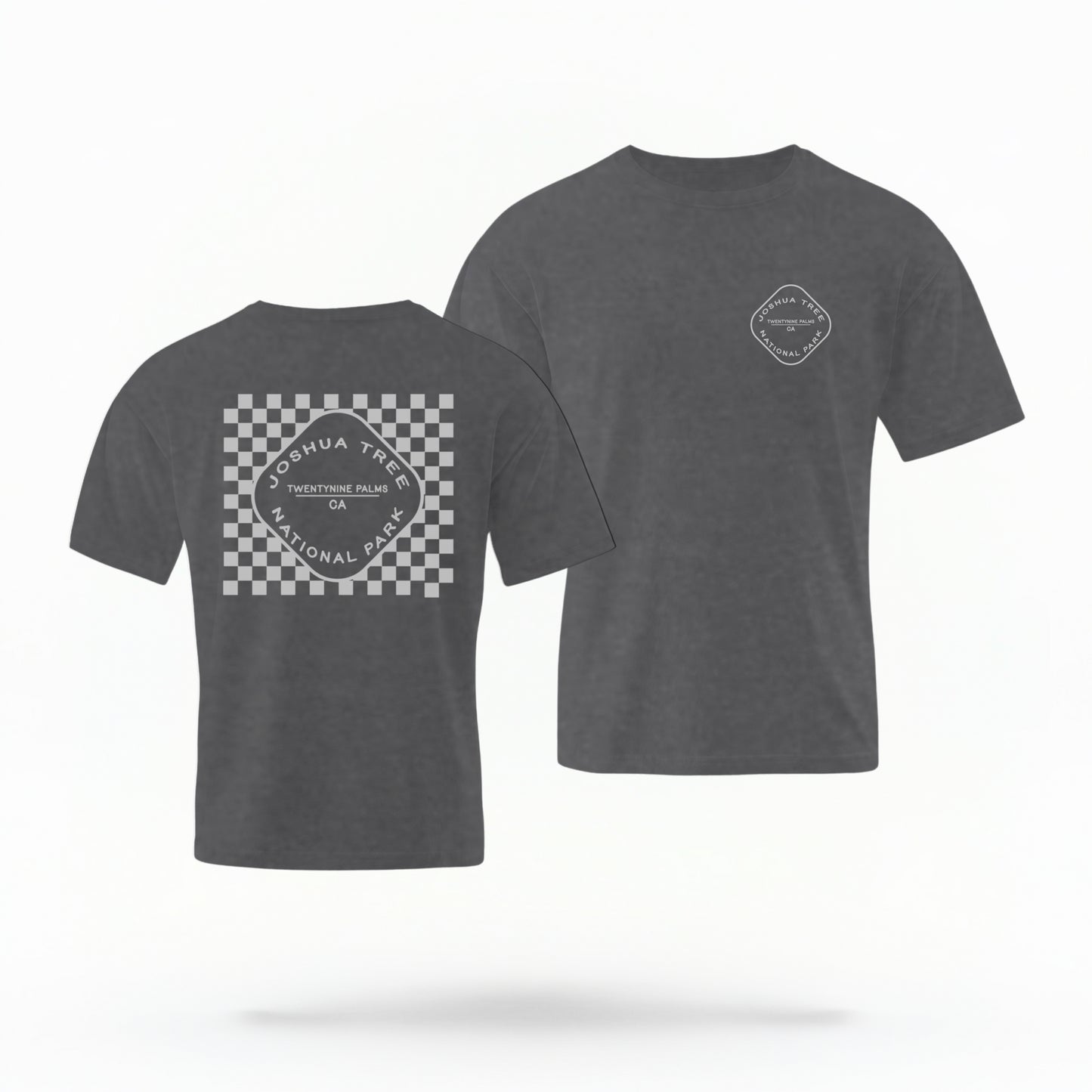 The Pepper Joshua Tree Retro Checkered Comfort Colors T-shirt lays flat on a white background. The ﻿Joshua Tree Retro Checkered﻿ graphic is in bold White in a Retro style.