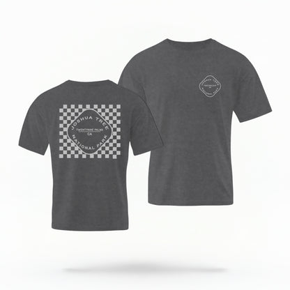 The Pepper Joshua Tree Retro Checkered Comfort Colors T-shirt lays flat on a white background. The ﻿Joshua Tree Retro Checkered﻿ graphic is in bold White in a Retro style.