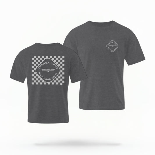 The Pepper Joshua Tree Retro Checkered Comfort Colors T-shirt lays flat on a white background. The ﻿Joshua Tree Retro Checkered﻿ graphic is in bold White in a Retro style.