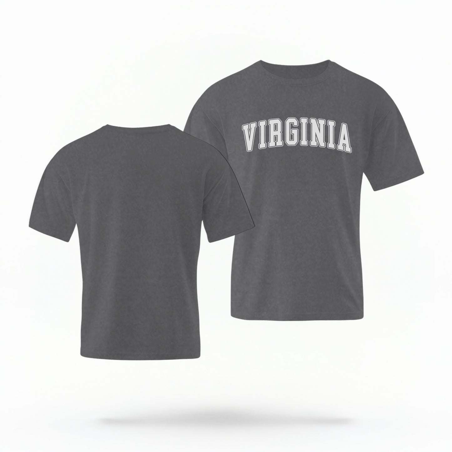 The Pepper Unisex Virginia Varsity Comfort Colors T-shirt lays flat on a white background. The Virginia graphic is in bold white in a varsity offset style.